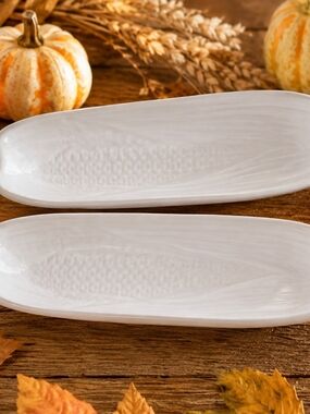 Vintage White Ceramic Corn on the Cob Serving Dishes - Set of 2